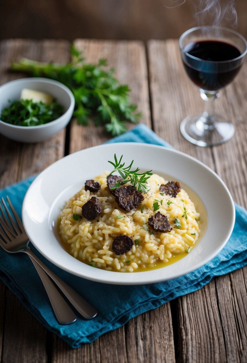 A steaming plate of risotto with truffle and parmesan, garnished with fresh herbs, sits on a rustic wooden table