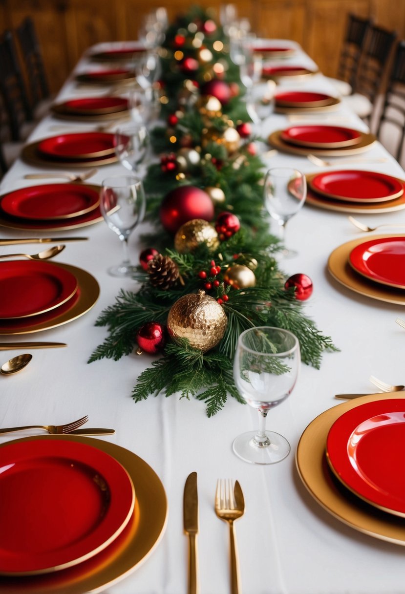 Red and gold charger plates arranged on a holiday-themed wedding table