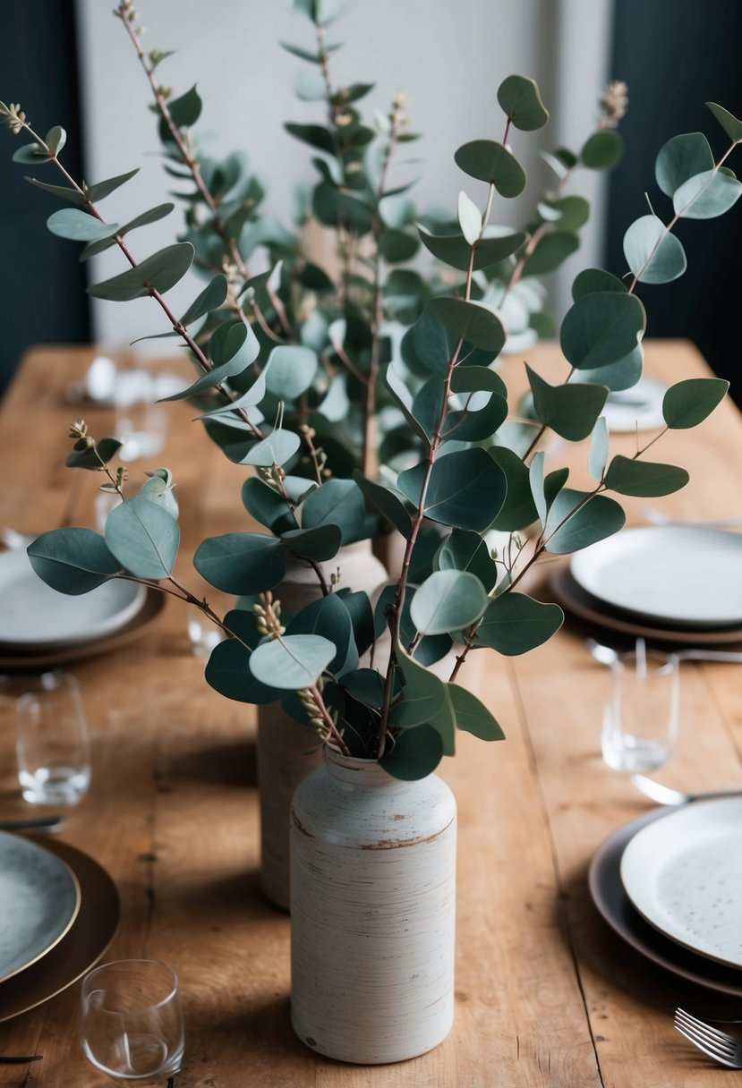 Eucalyptus branches and leaves intertwined with rustic earth tone table decor