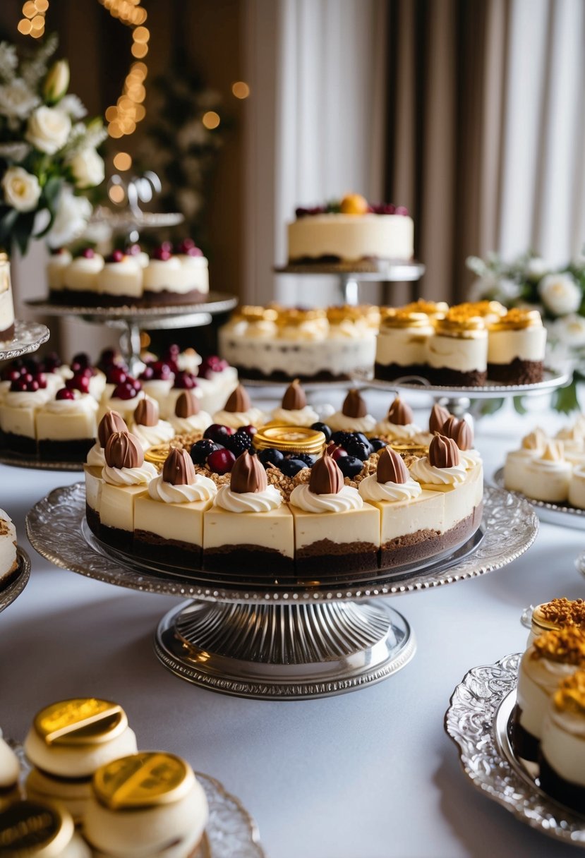 A lavish dessert buffet displays an assortment of tiramisu and other Italian delicacies, surrounded by elegant wedding decor