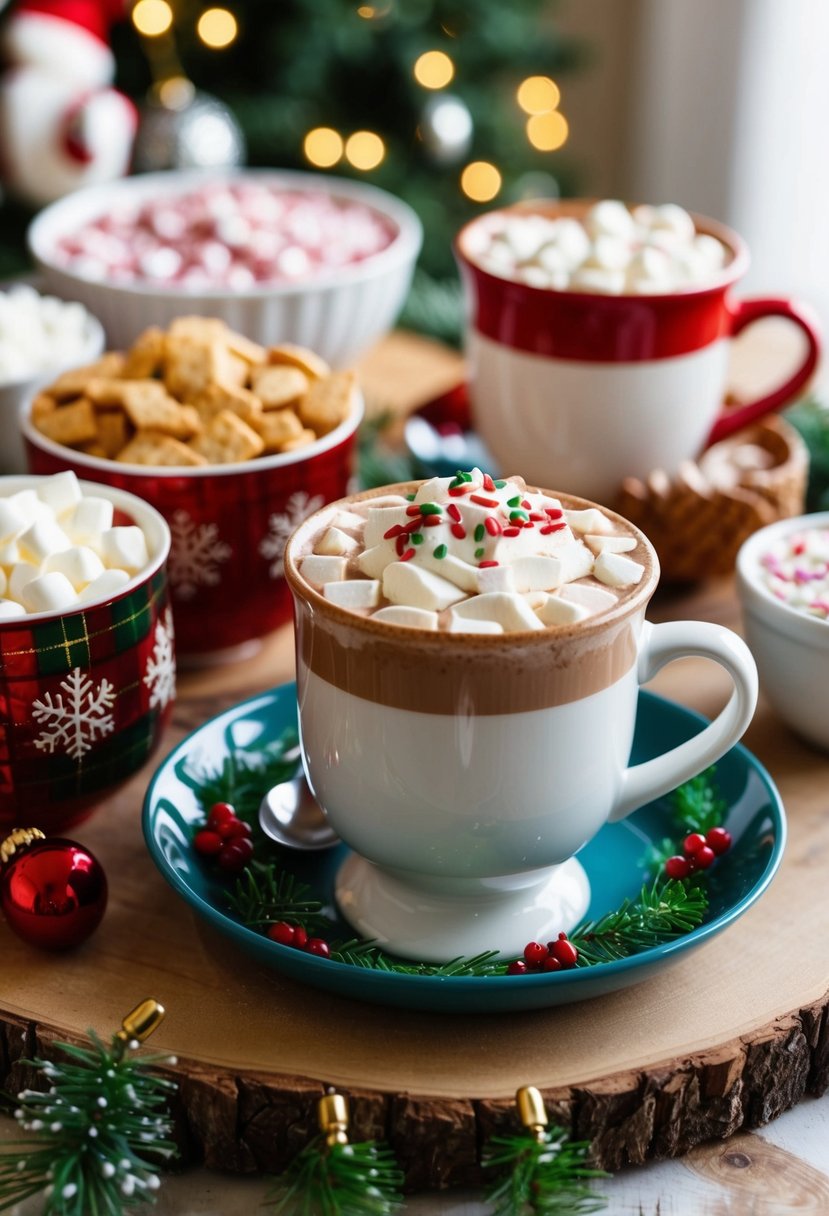 A festive hot cocoa bar with assorted toppings and holiday decor