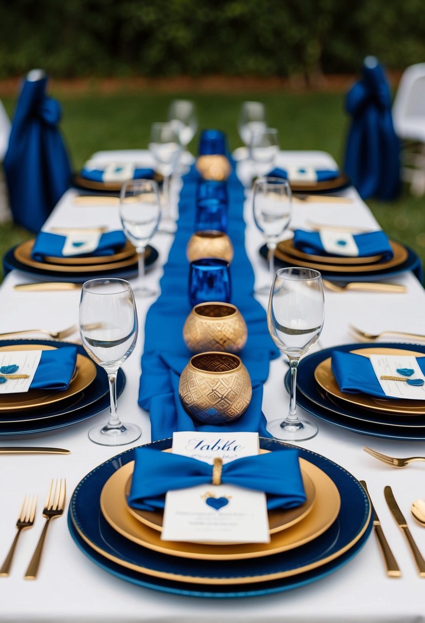 A table adorned with cobalt and gold earth tone decorations for a wedding