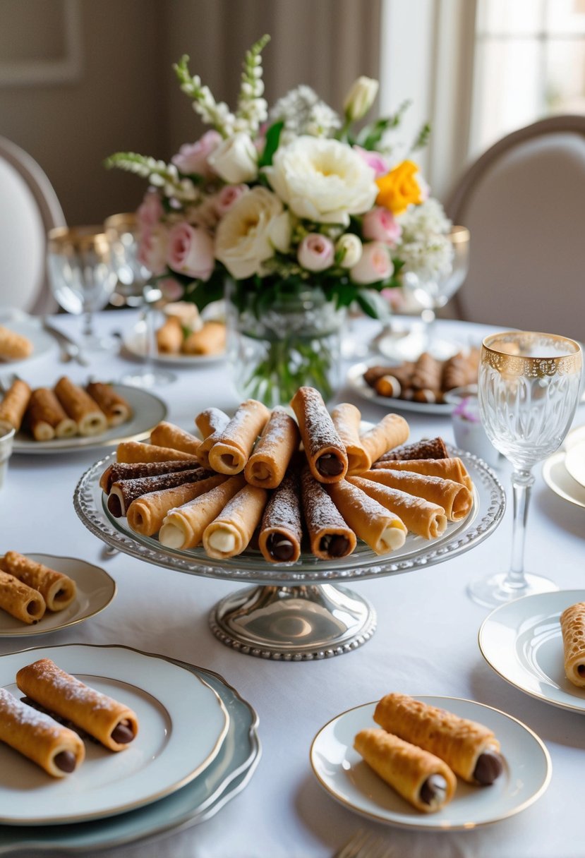 A table set with a variety of cannoli in different flavors and sizes, surrounded by delicate floral arrangements and elegant tableware