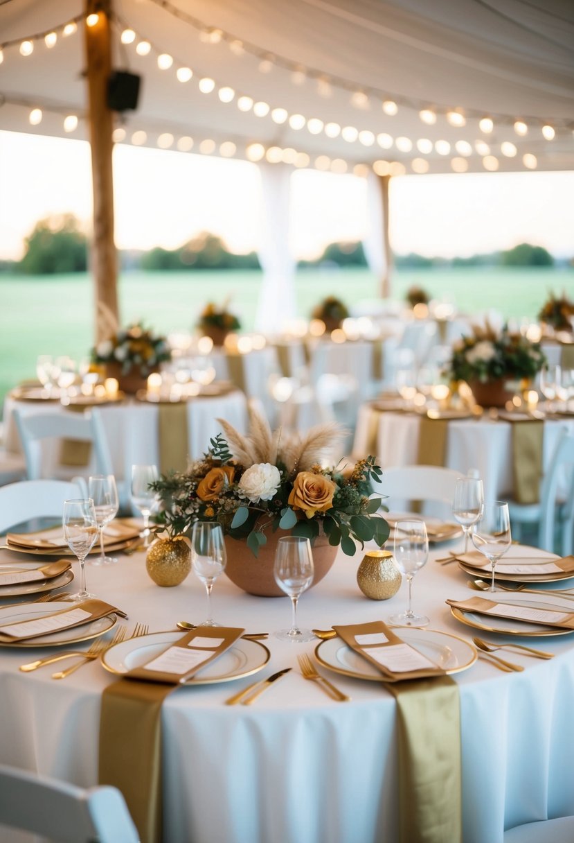 White tablecloths with gold trim, adorned with earth tone centerpieces and delicate gold accents