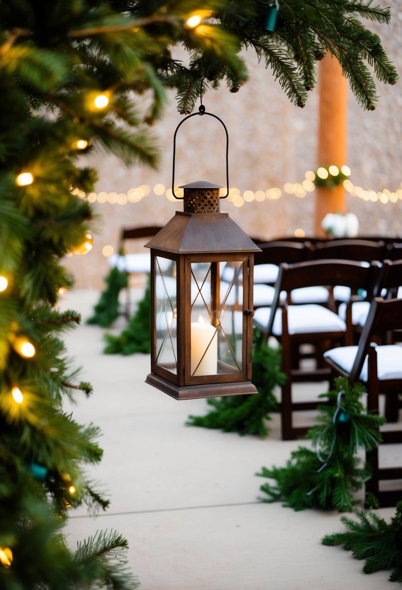 A rustic lantern hangs from a tree, surrounded by twinkling lights and pine garland, creating a cozy aisle for a Christmas wedding