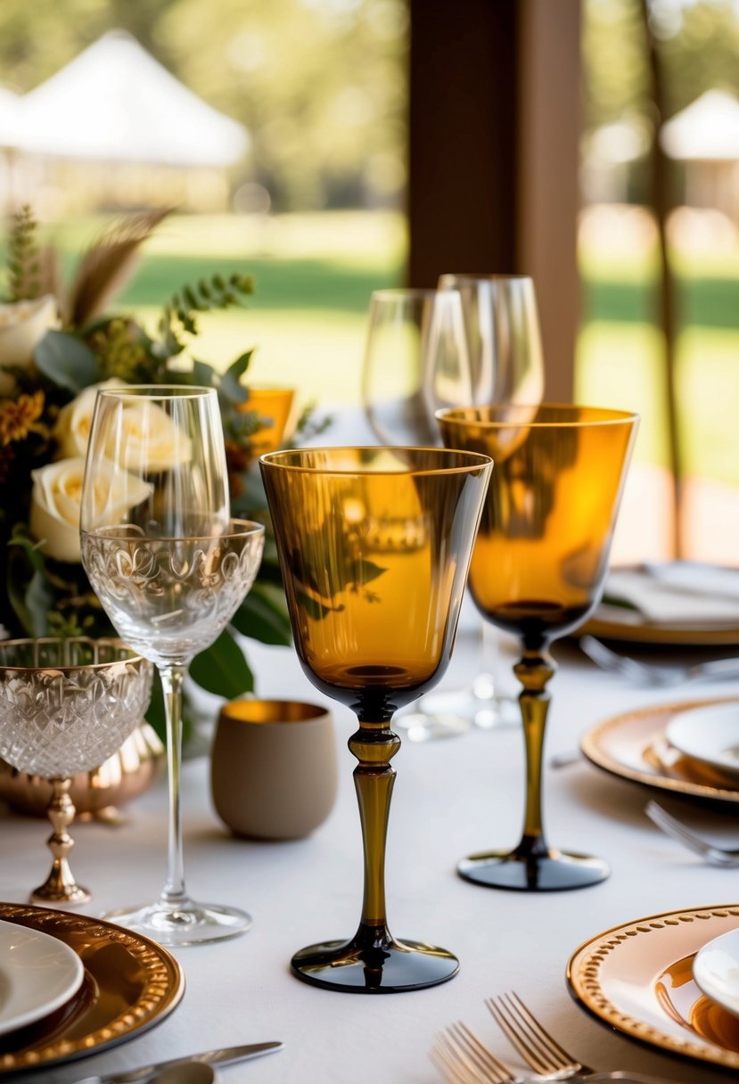 Elegant plastic glasses in earth tones adorn a wedding table, accompanied by tasteful decorations