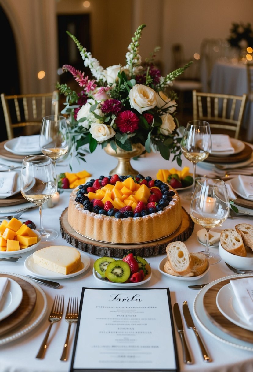 A table adorned with a classic Italian torta surrounded by fresh fruits, cheeses, and bread. Wine glasses and a floral centerpiece complete the elegant wedding menu display