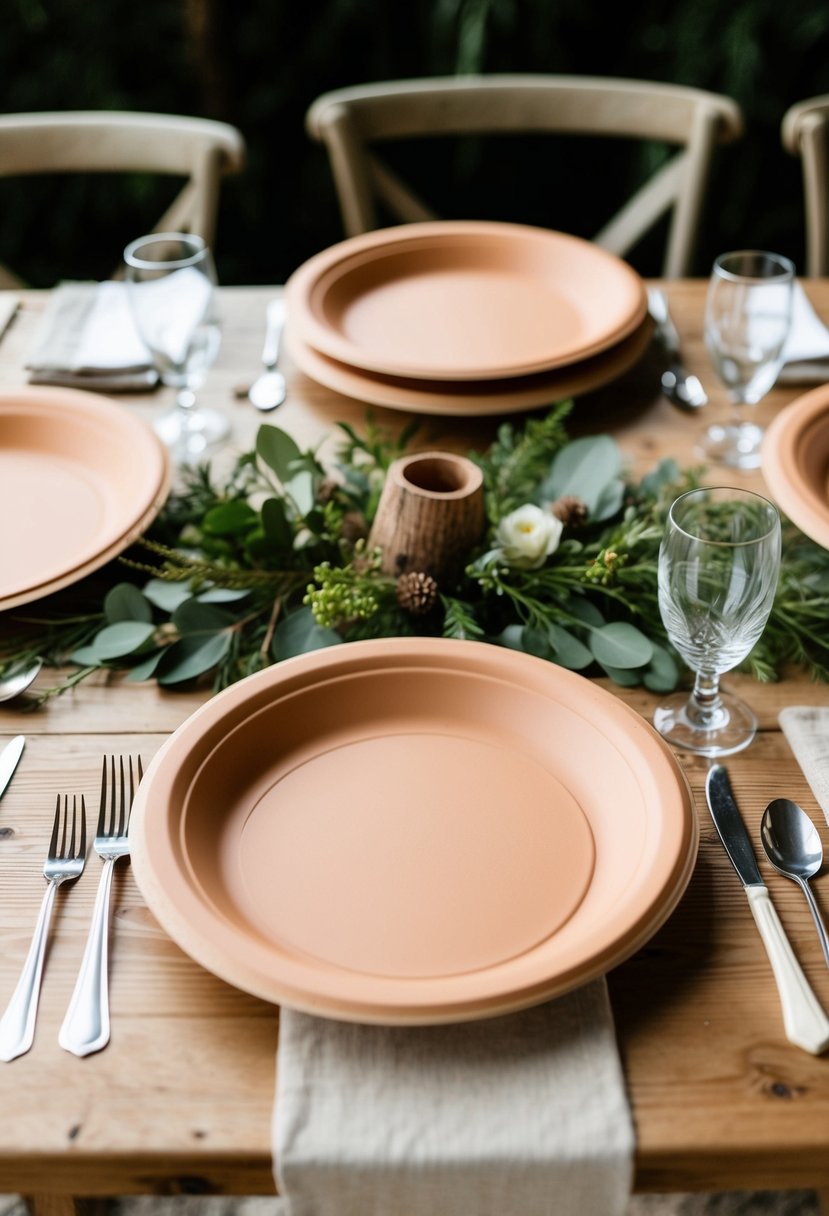 Earthy-toned disposable plates arranged on a rustic wedding table with natural elements like wood, greenery, and neutral-colored linens