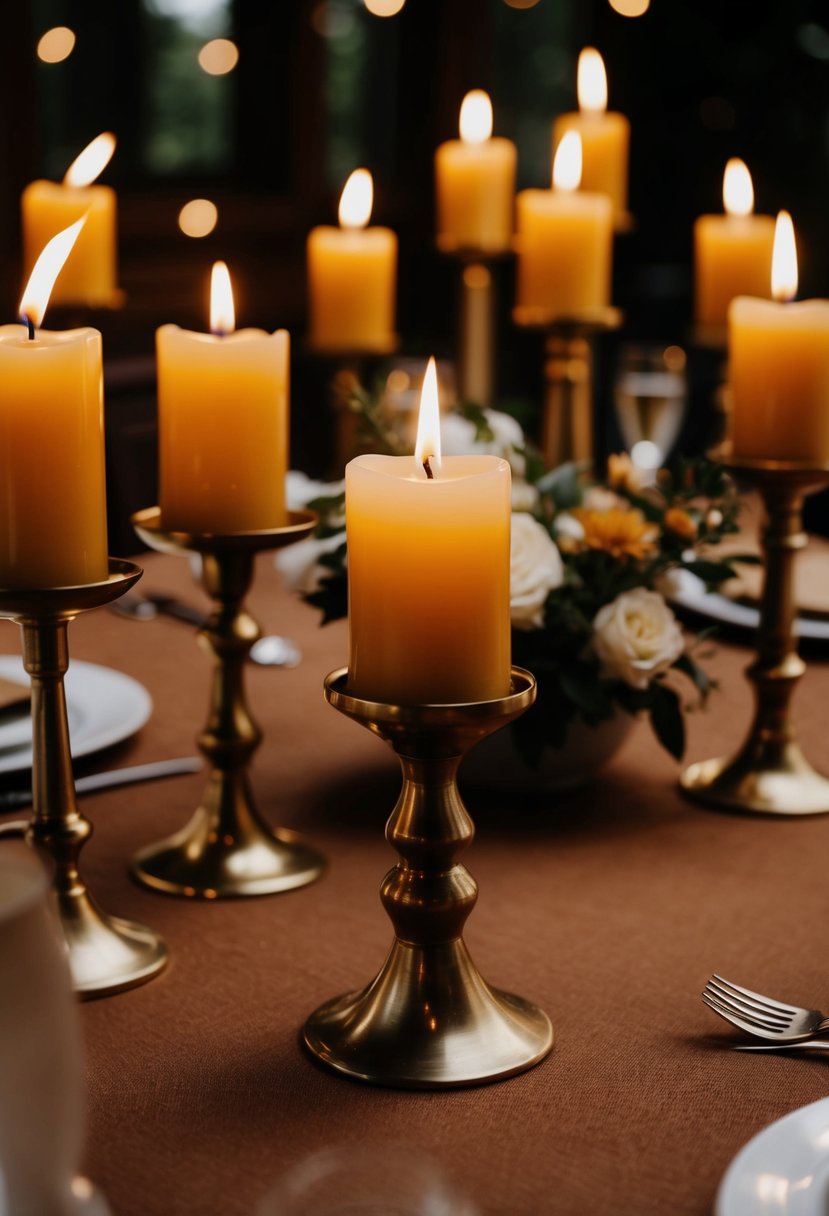 Beeswax candles in brass holders illuminate an earth-toned wedding table, creating a warm and inviting atmosphere