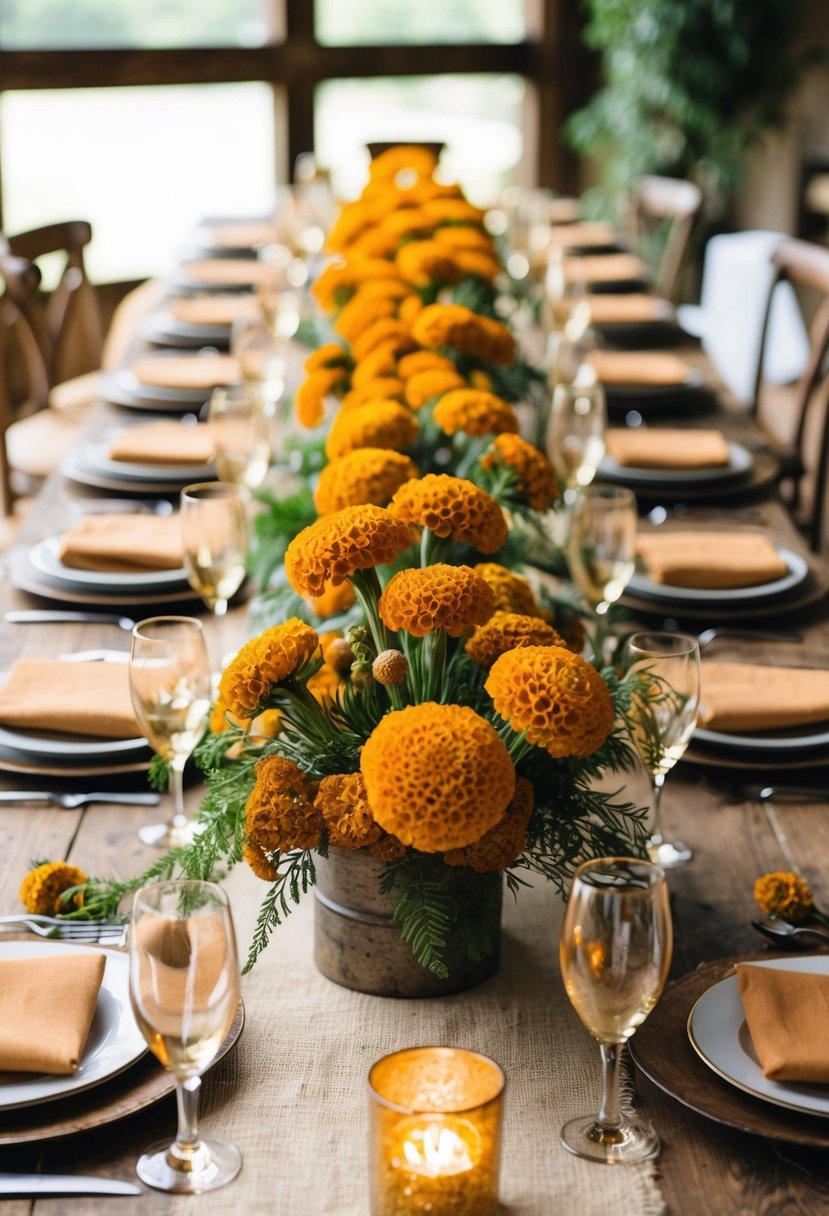 A rustic table adorned with marigold floral arrangements in earthy tones for a wedding centerpiece