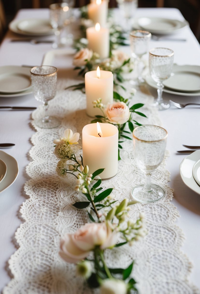 A white lace table runner adorned with delicate flowers and candles in glass holders