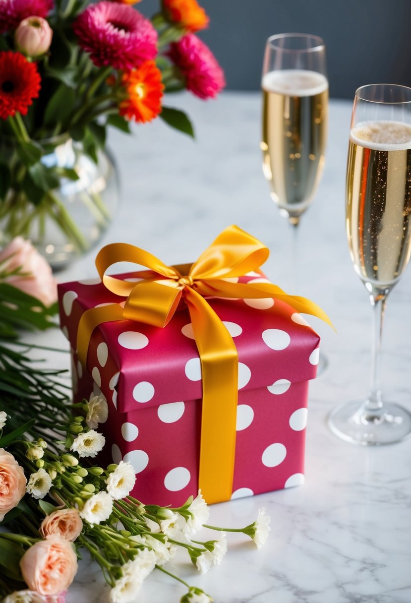 A beautifully wrapped gift box surrounded by flowers and champagne glasses on a table