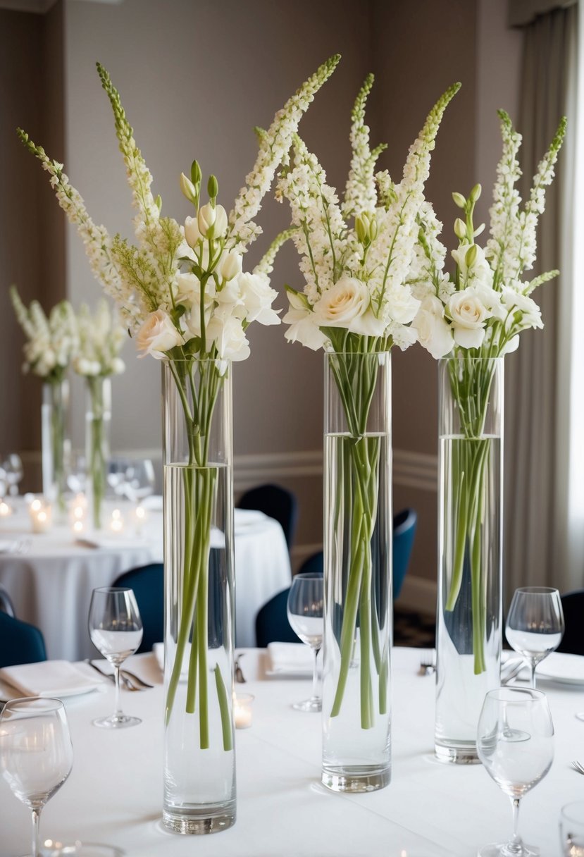 Tall glass vases filled with delicate flowers adorn a simple yet elegant wedding table setting