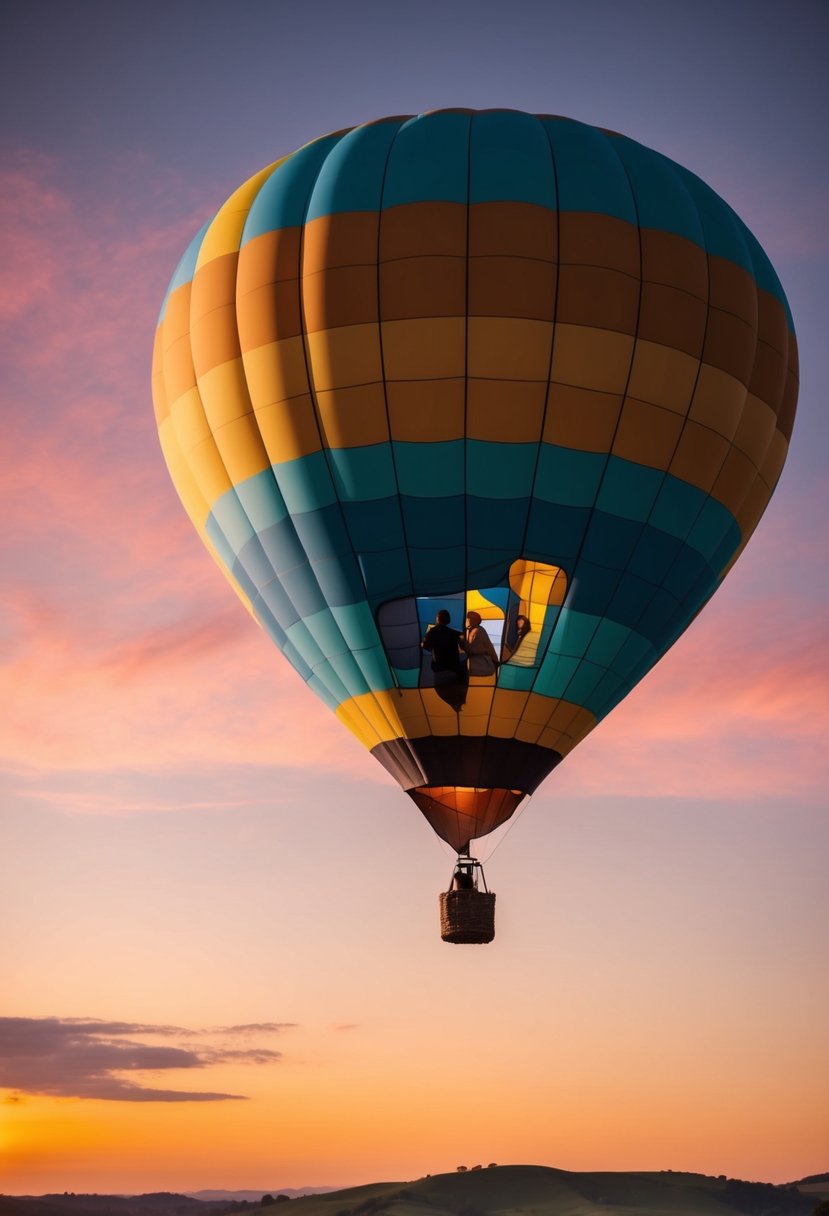 A colorful hot air balloon floats above rolling hills at sunset, with a couple inside, gazing at the breathtaking view