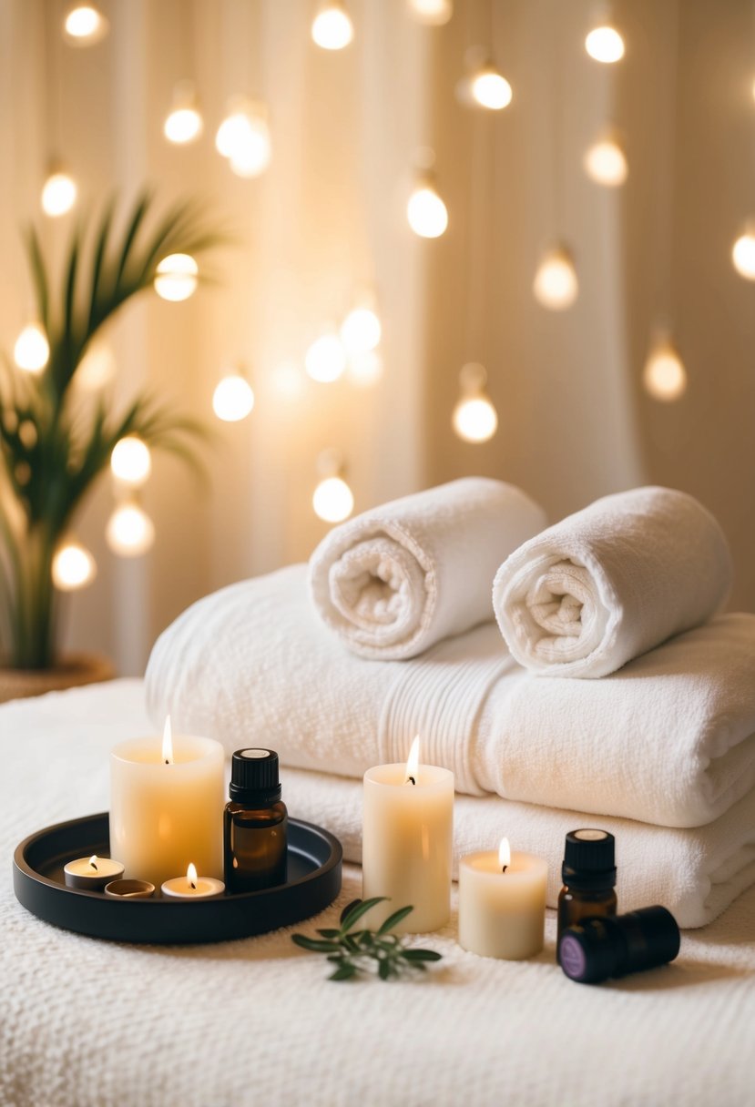 A serene spa room with a cozy robe, fluffy towels, and a tray of essential oils and candles, set against a backdrop of soft lighting and a tranquil atmosphere