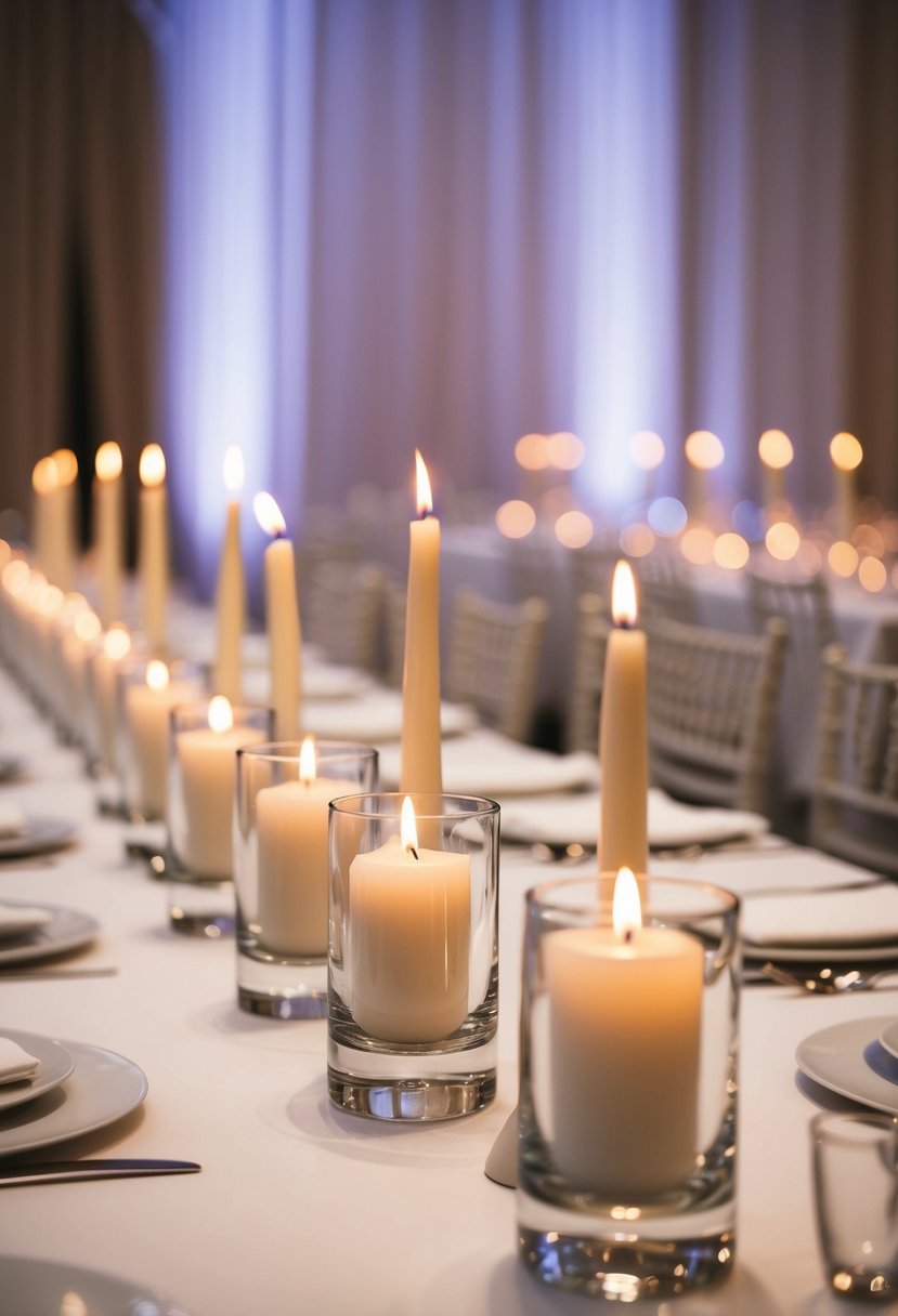 A row of sleek, glass votive candle holders adorns a white linen-covered wedding table, casting a warm, romantic glow