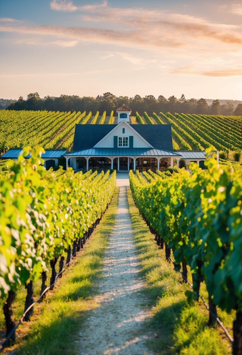 A serene vineyard with rows of lush grapevines, a charming tasting room, and a picturesque winery tour