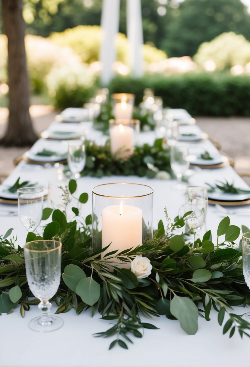 A table adorned with lush greenery and simple, elegant decorations for a wedding