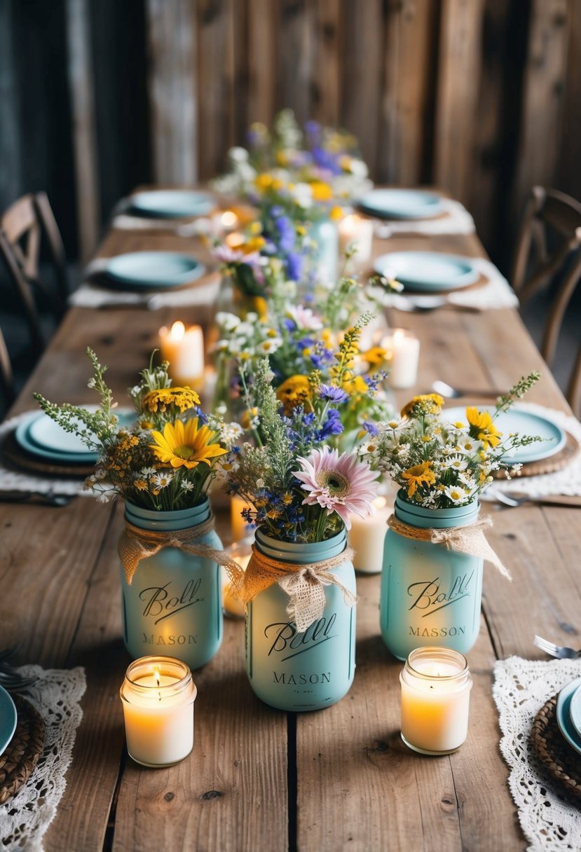 A rustic wooden table adorned with mason jars filled with wildflowers, burlap and lace accents, and soft candlelight