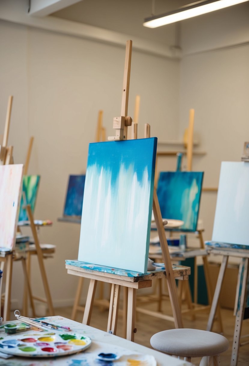 An artist's studio with easels, paint palettes, and canvases set up for a private art class