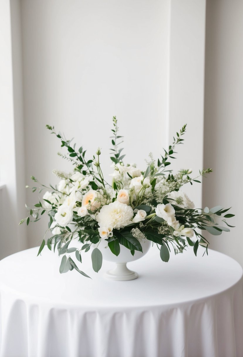 A white table with simple floral arrangements, creating an elegant and minimalist wedding decoration