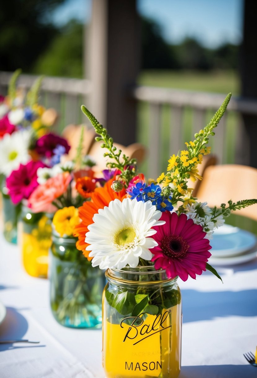 Mason jars filled with colorful flowers adorn wedding tables