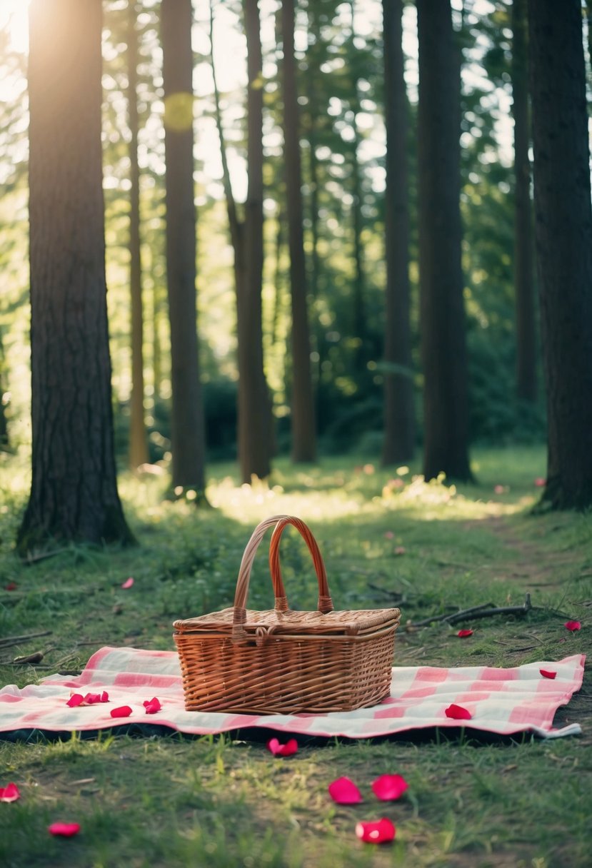 A secluded forest clearing with a picnic blanket, basket, and scattered rose petals. Sunlight filters through the trees, creating a romantic atmosphere for a mystery picnic date