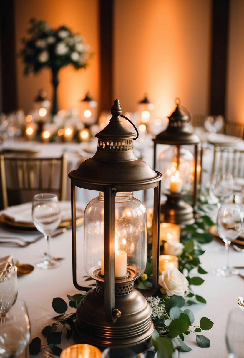 A table adorned with vintage-inspired lanterns, casting a warm glow over the elegant wedding setting