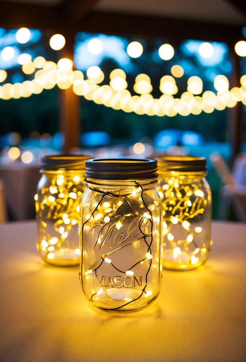 Mason jars filled with twinkling fairy lights create a magical glow for wedding table decorations