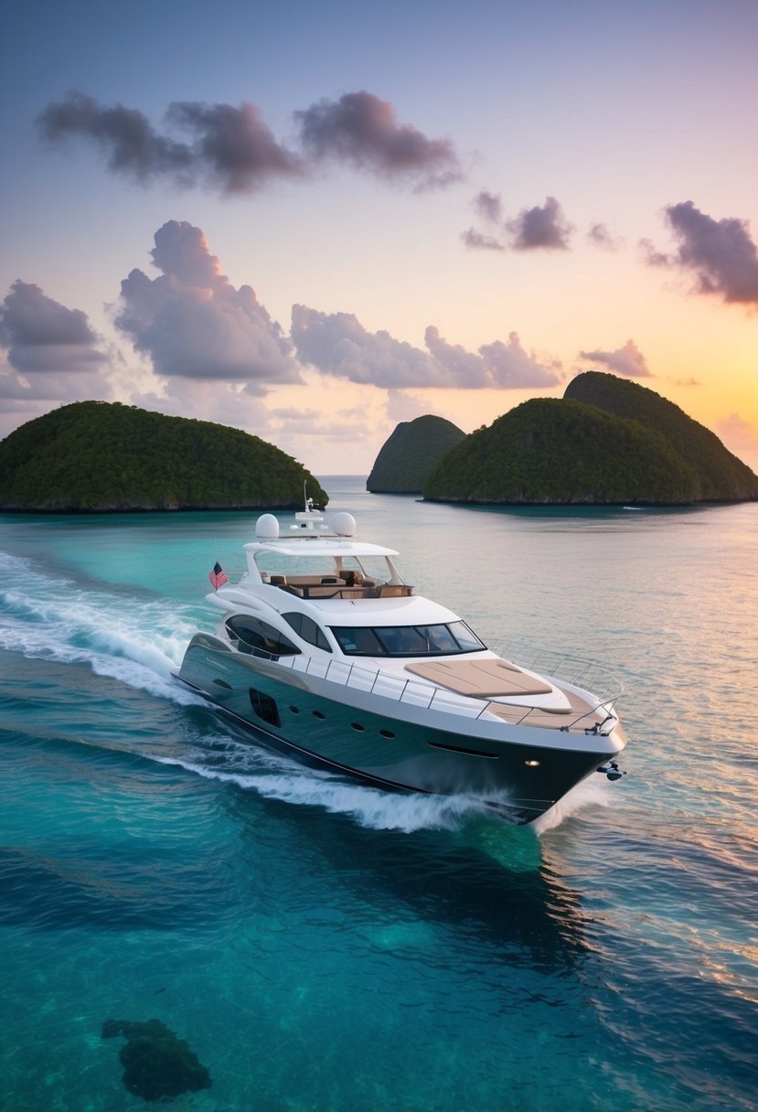 A sleek yacht glides through crystal-clear waters, surrounded by lush tropical islands and a vivid sunset