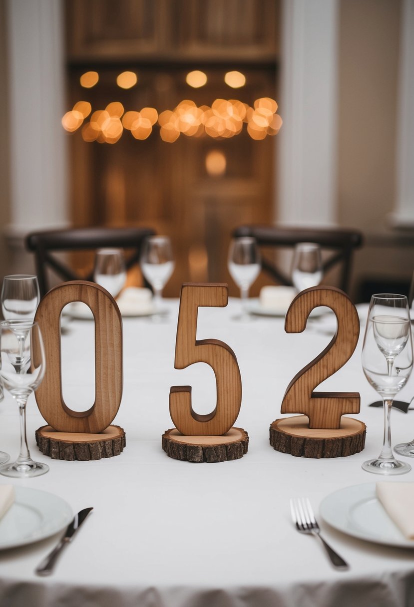 A set of rustic wooden table numbers arranged on a simple yet elegant wedding reception table