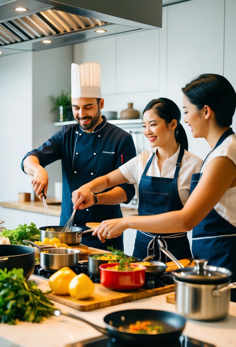 A chef demonstrates cooking techniques to a couple in a modern kitchen filled with pots, pans, and fresh ingredients