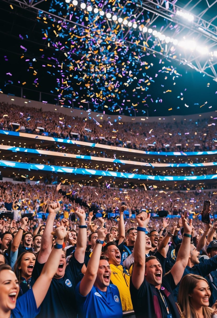 Crowd cheering in a packed stadium, confetti falling from the sky, and stage lights illuminating the energetic atmosphere