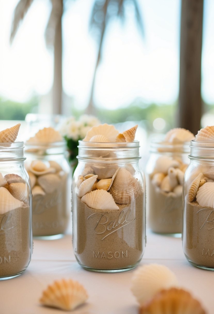 Mason jars filled with sand and seashells, arranged as wedding table centerpieces