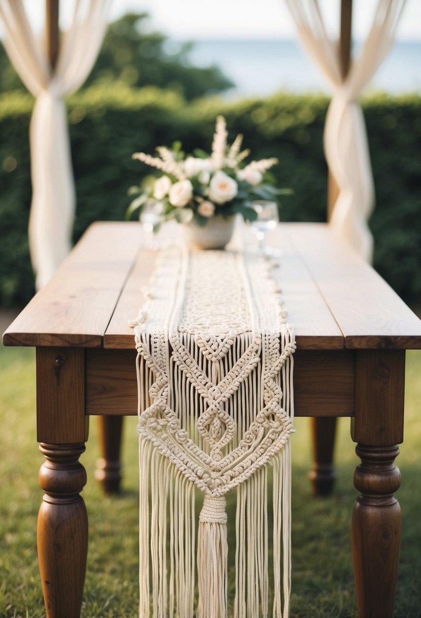 A wooden table adorned with a long, intricate macramé runner, draped elegantly with delicate fringes, creating a bohemian and romantic atmosphere for a wedding celebration