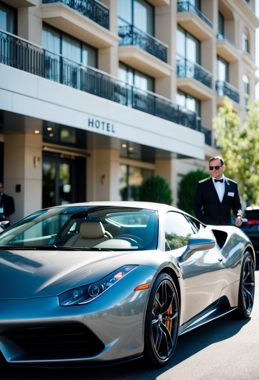 A sleek sports car parked in front of a luxury hotel, with a valet standing nearby. Sunshine reflects off the polished exterior