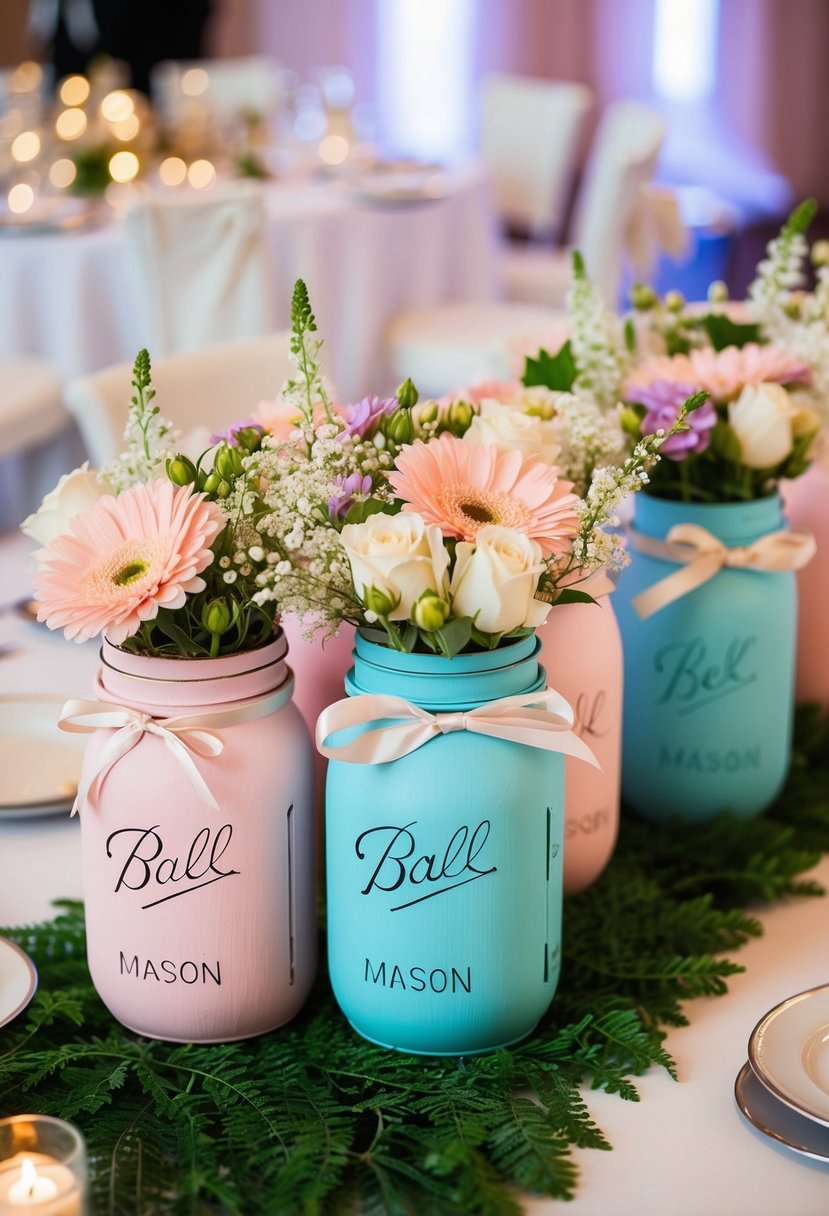 Mason jars painted in pastel wedding colors, filled with flowers and tied with ribbon, arranged on a wedding reception table