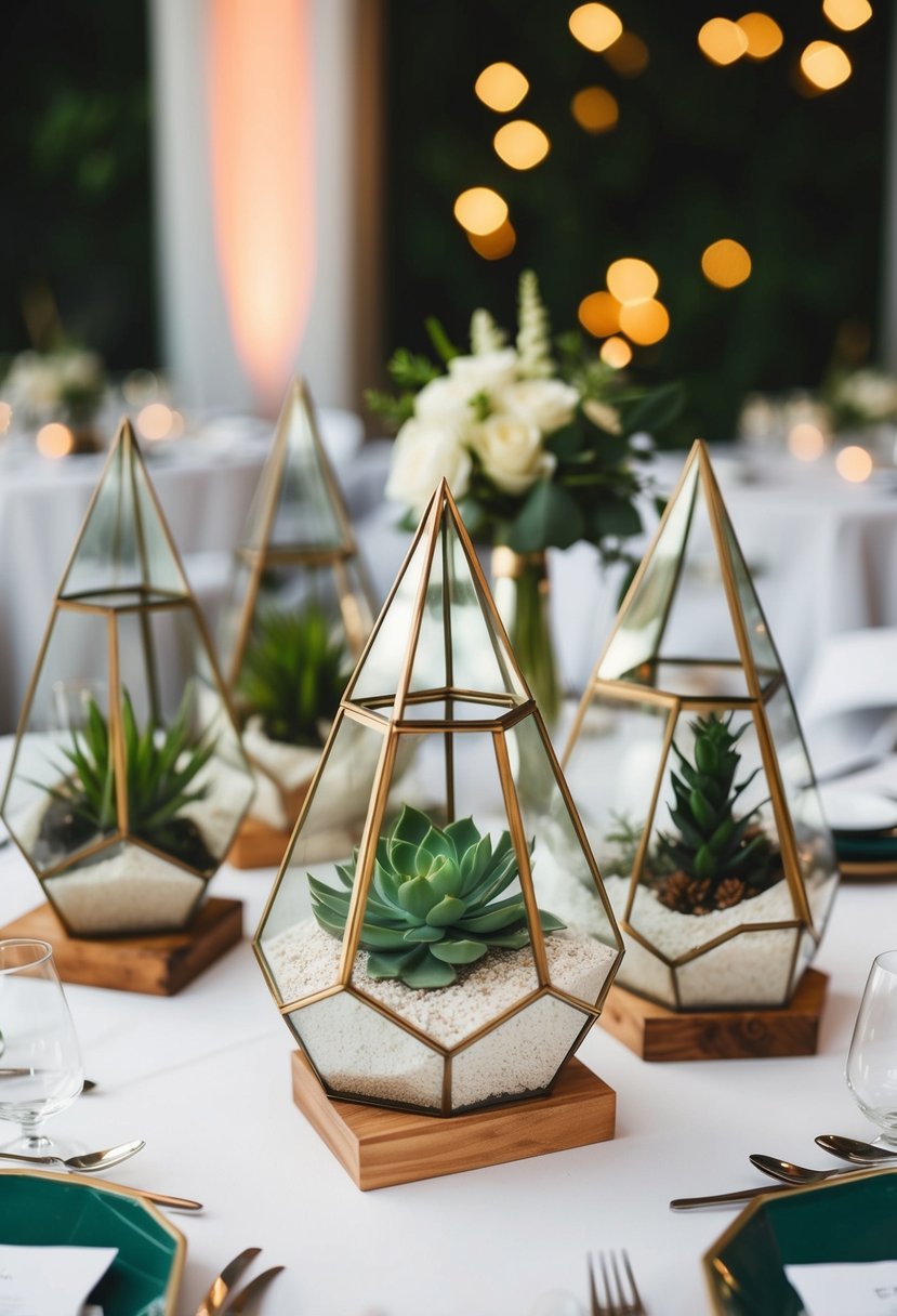 Geometric terrariums arranged as elegant wedding table decor