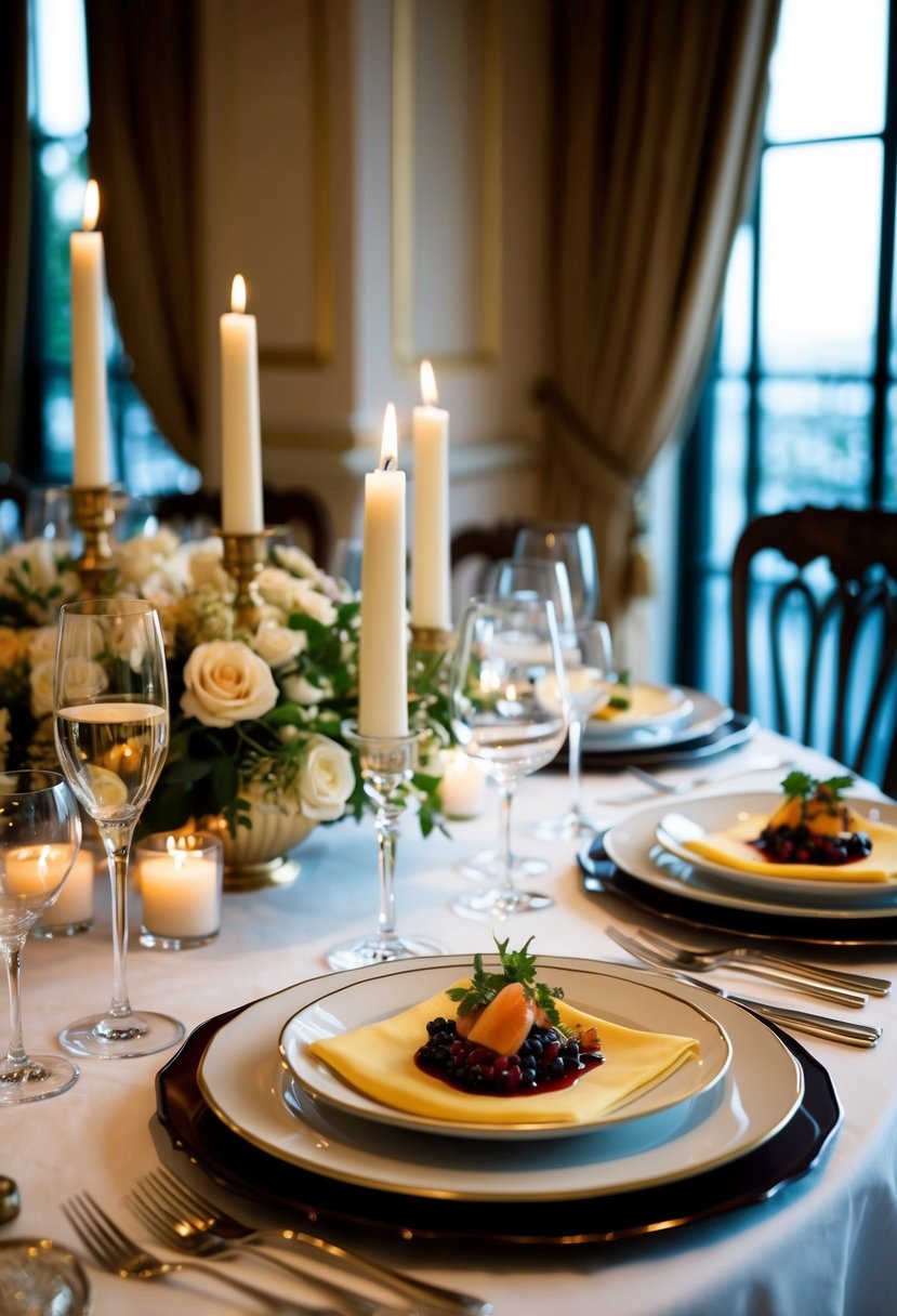 A beautifully set table with elegant place settings, candlelight, and exquisite gourmet dishes