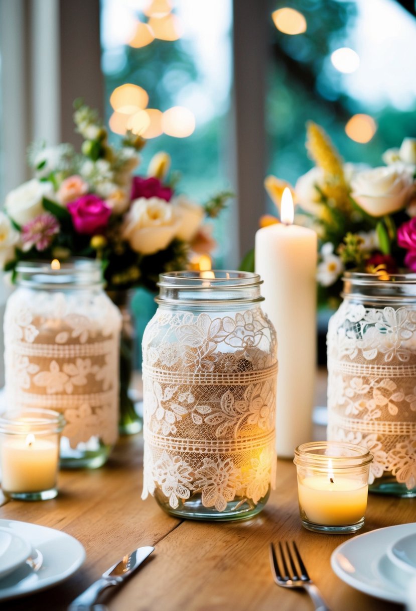 Mason jars wrapped in delicate lace, arranged on a wedding table with flowers and candles