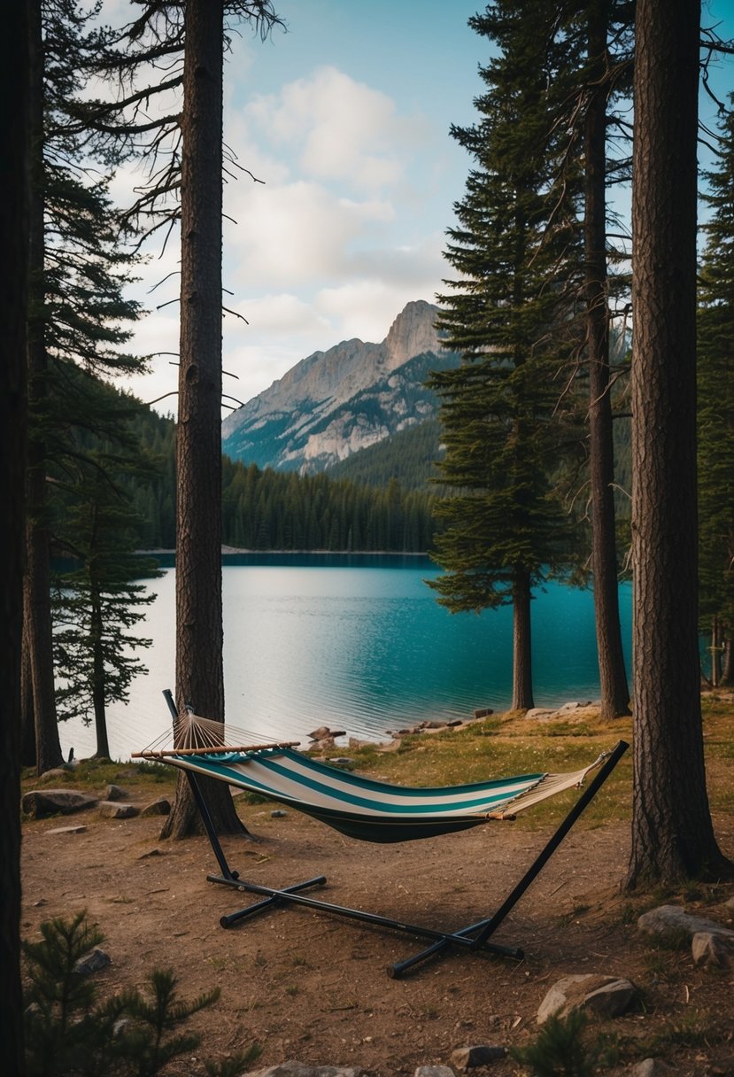 A cozy cabin nestled in the mountains, surrounded by tall trees and a serene lake, with a hammock swaying in the gentle breeze