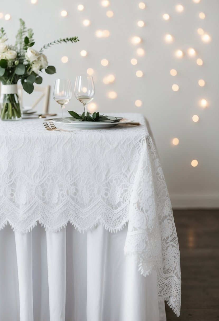 A white lace table overlay drapes over a simple, elegant wedding table setting with minimal decor