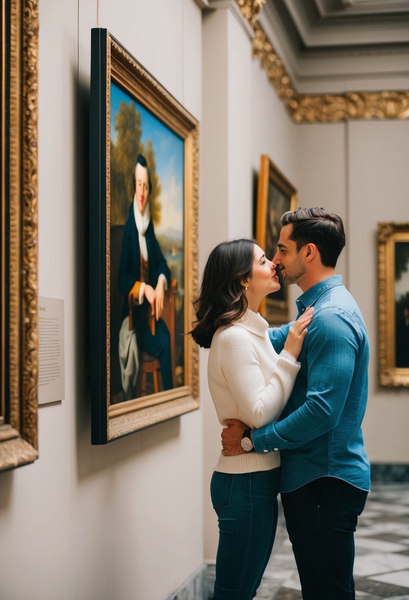 A couple admires a painting in a favorite museum, surrounded by ornate frames and soft lighting