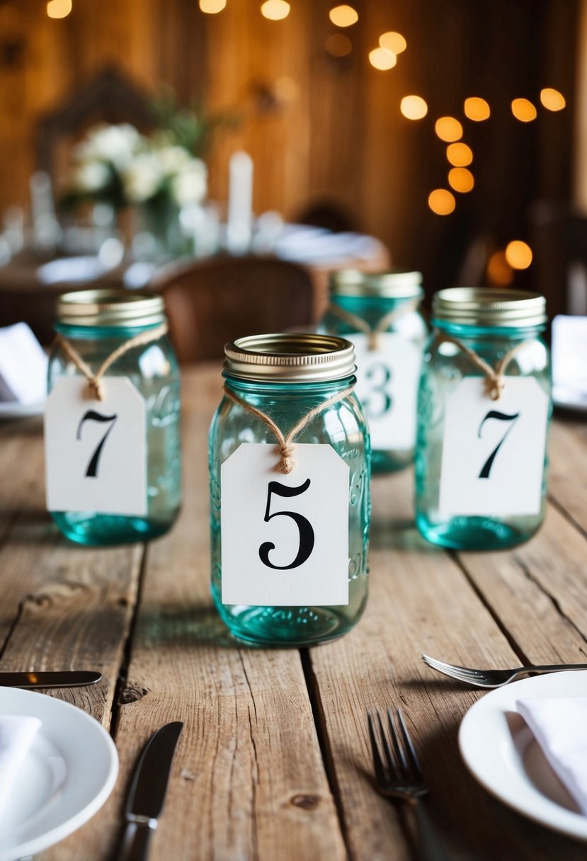 Mason jars with table numbers arranged on rustic wooden table