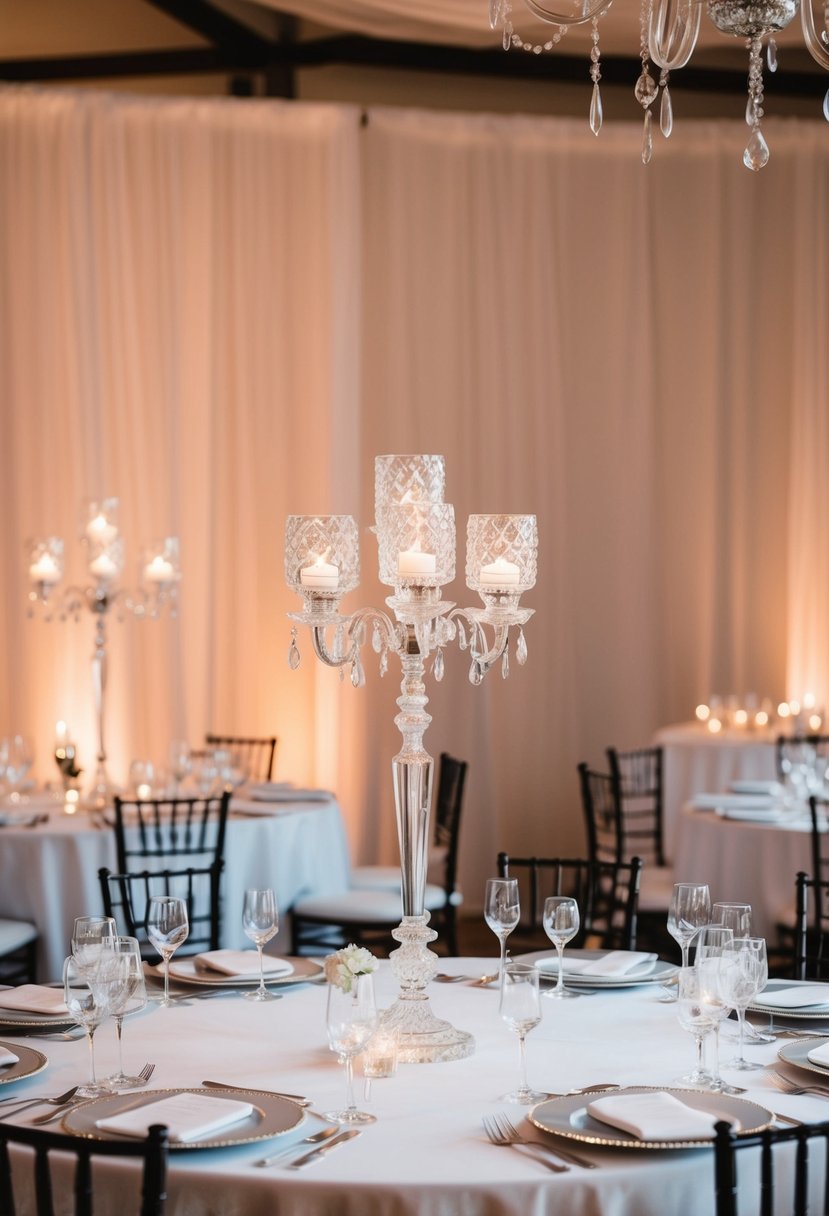 A table set with crystal candelabras, casting a soft glow on a simple, elegant wedding centerpiece