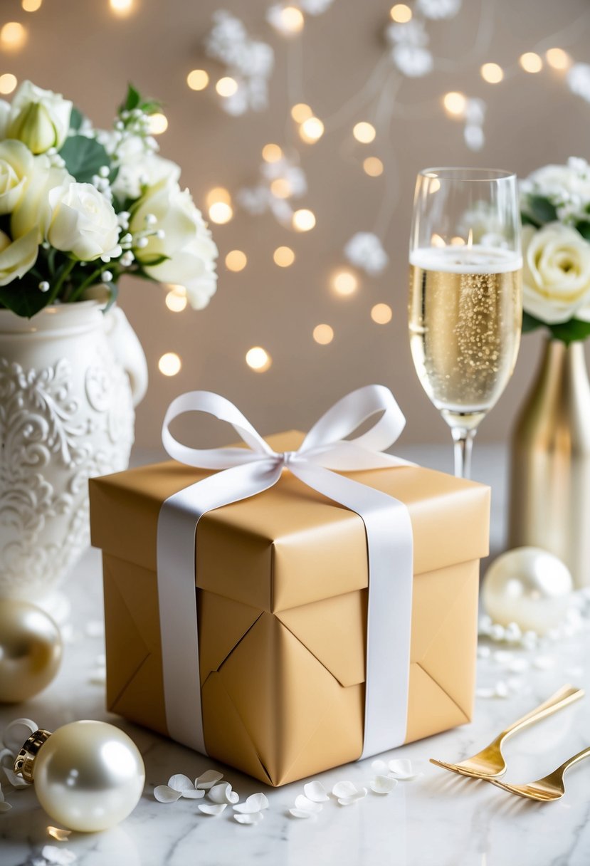 A beautifully wrapped gift box surrounded by elegant wedding-themed decor and a sparkling champagne flute