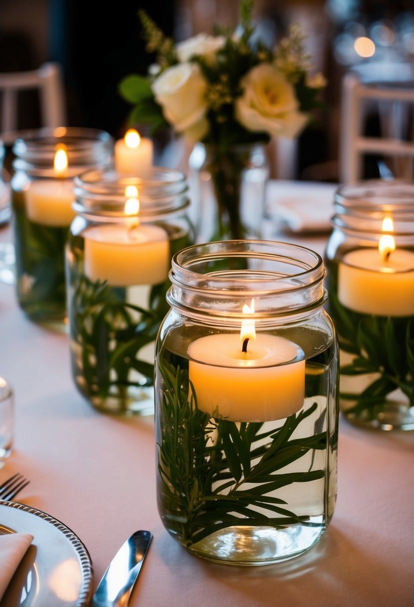 Mason jars filled with water, each holding a floating candle, casting a warm glow on a wedding table