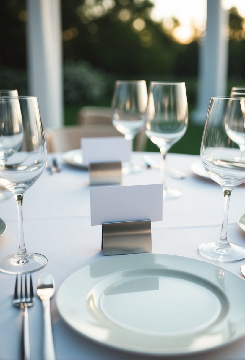 A sleek, minimalist table setting with metallic place card holders, adding a touch of modern elegance to a wedding reception