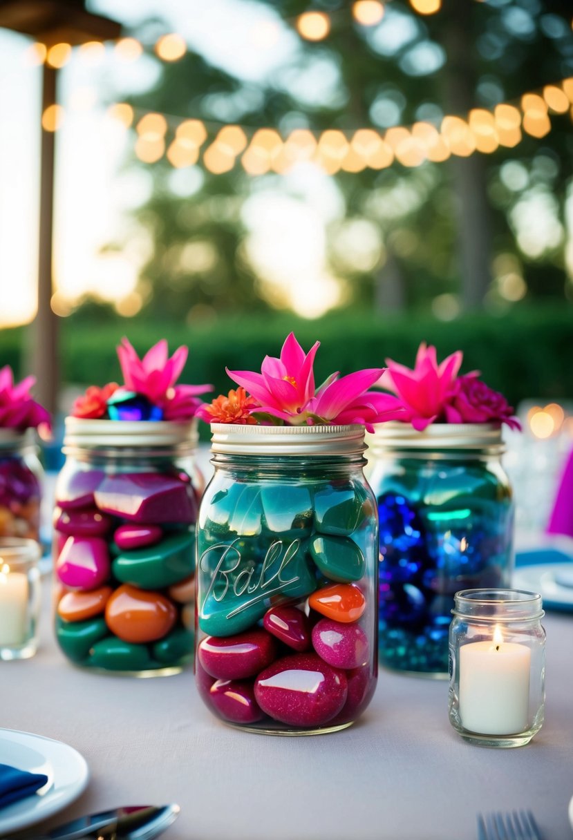 Mason jars filled with vibrant stones and gems arranged as wedding table decorations