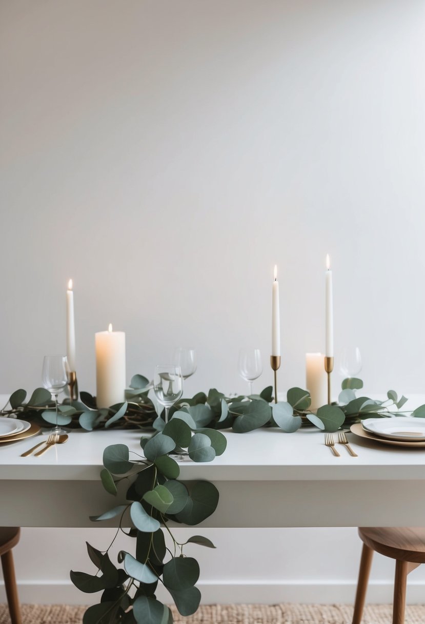 Eucalyptus garlands draped across a white table with minimalist place settings and soft candlelight